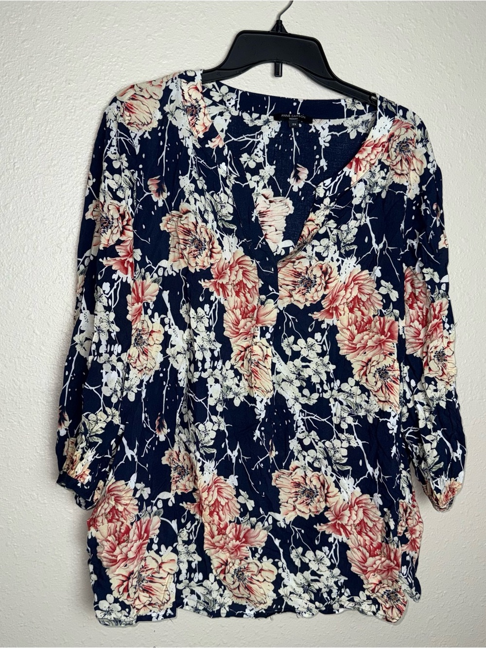 Anne Carson Navy Blouse with Pink Floral Print